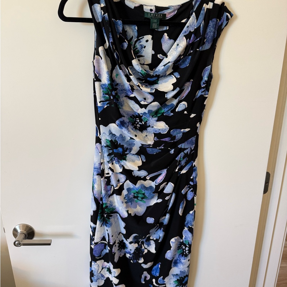 Lauren Ralph Lauren Black Jersey Cowl Neck Floral Print Midi Dress
